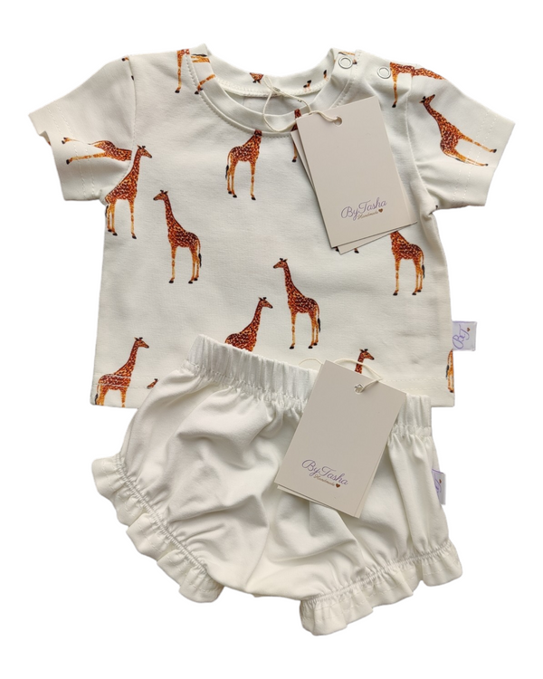 Setje bloomer ecru en t-shirt met giraf ByTasha