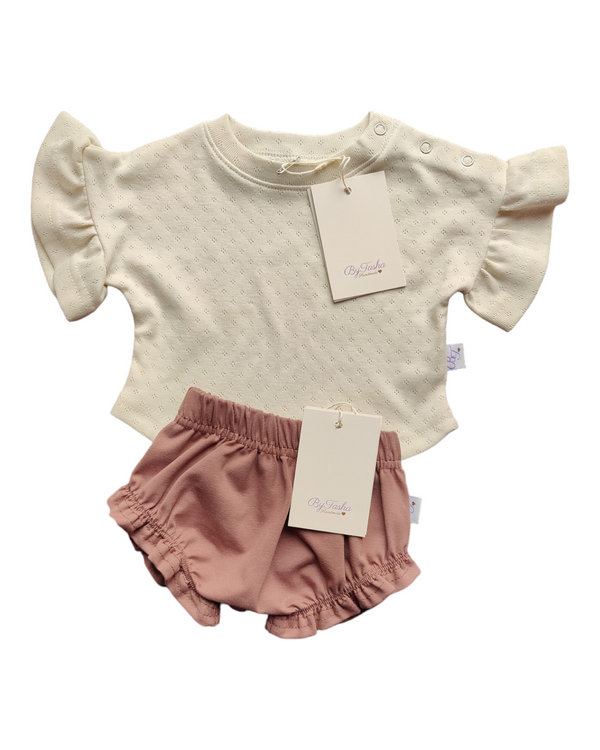 Setje bloomer mauve en ruffles t-shirt ByTasha